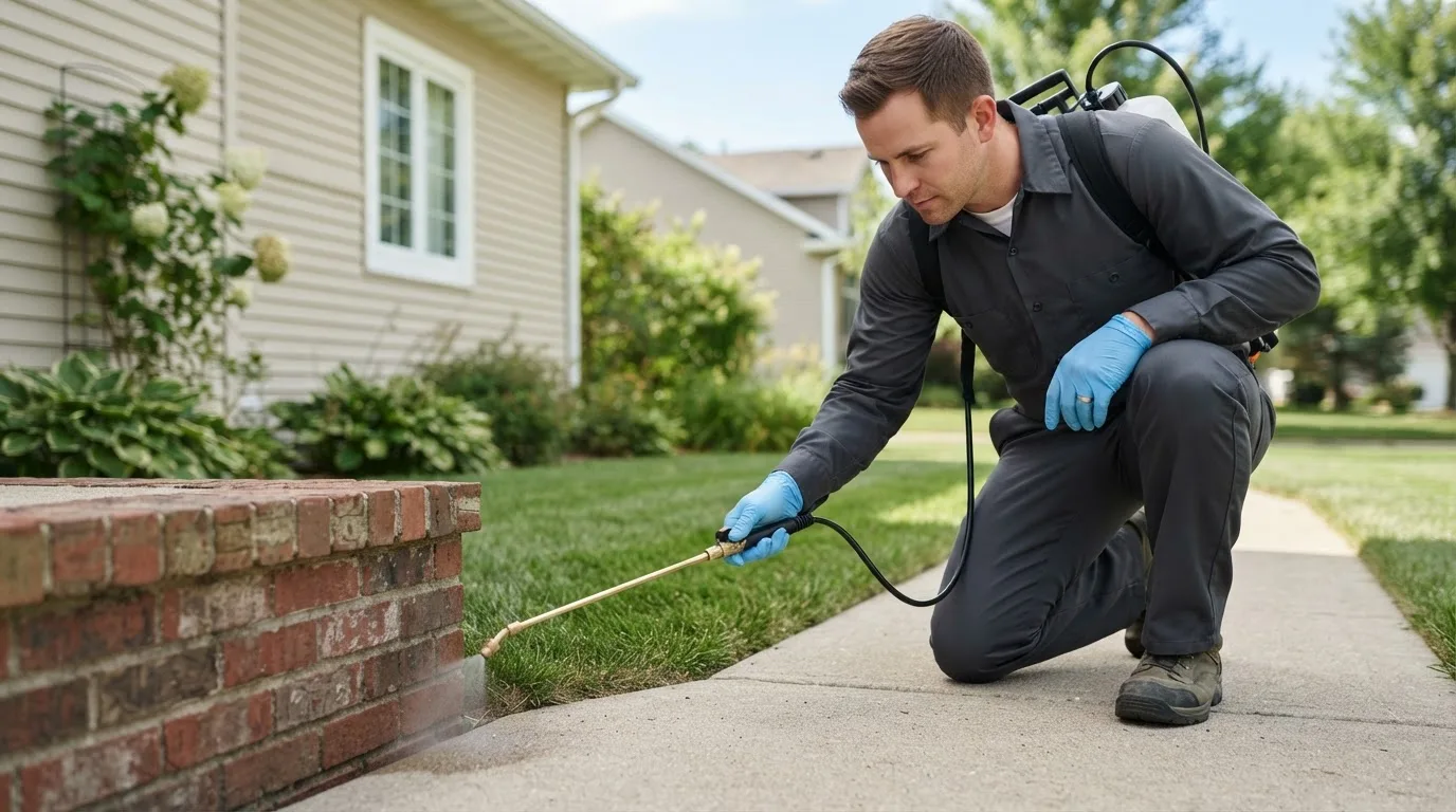 Pest control technician treating a home near Claridge, PA
