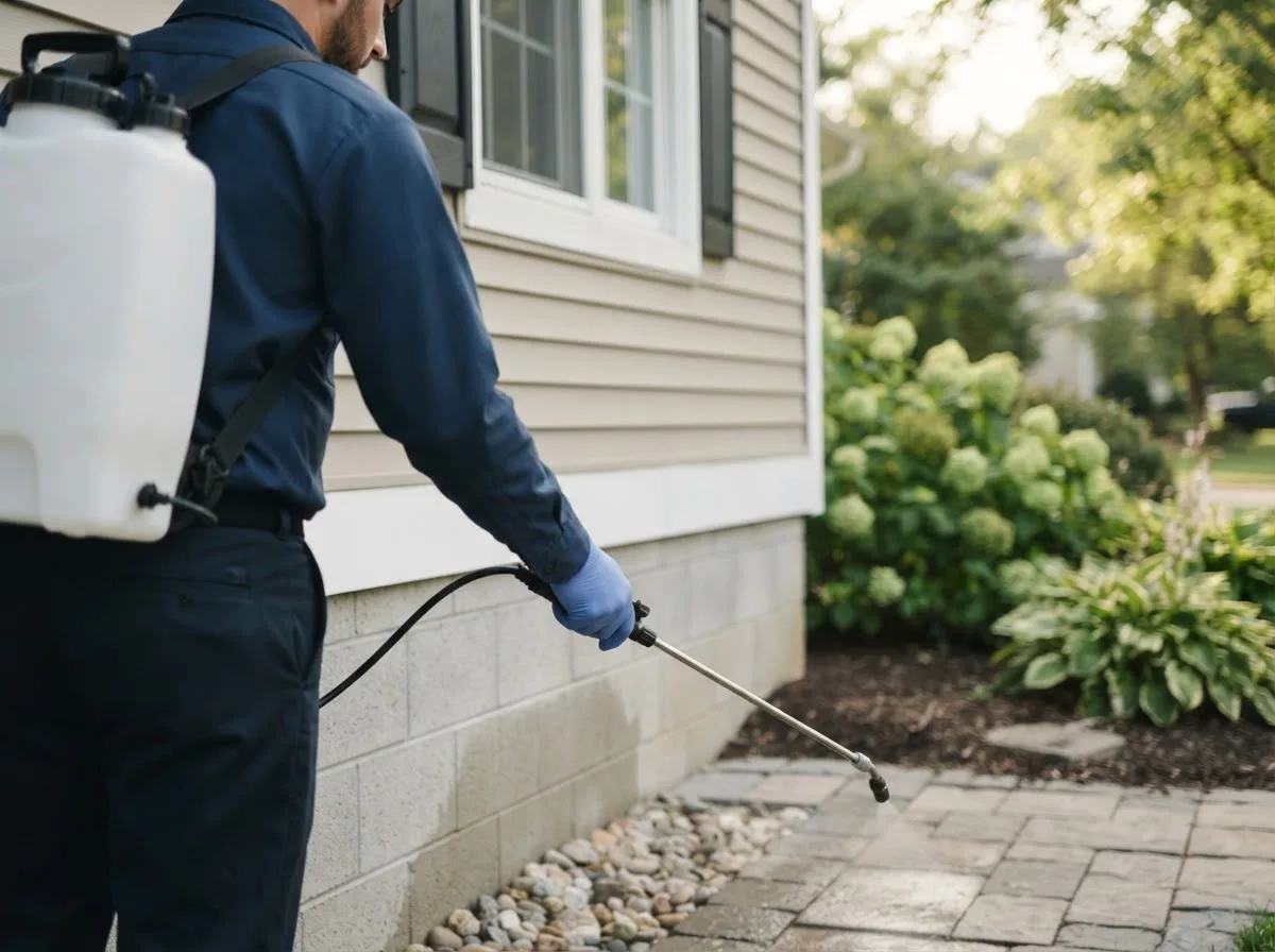 Pest control technician inspecting a home in Claridge, PA